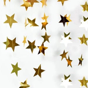 Golden Star Garland - Metallic Paper Star Streamers, Party Decorations, Event Hanging Decor, 65 Feet Long