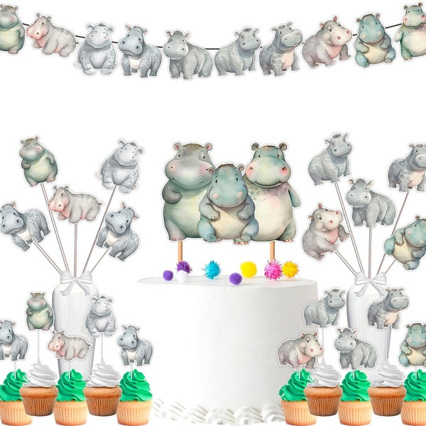 Hippo Baby Shower and Birthday Party Supplies Set - Banner, Centerpieces, Cupcake Toppers, Cake Topper