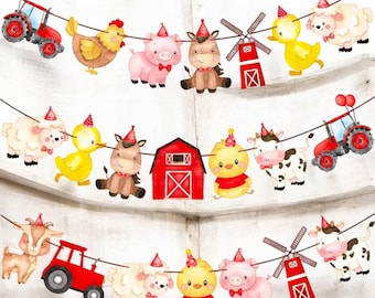 Farm Birthday Party Banner – Barnyard Animal Garland with Red Tractors, Barns & Party Hats, Farm Animal Birthday Decoration