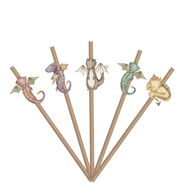 May include: Five brown paper straws arranged in a fan shape, each featuring a small, illustrated dragon cutout. The dragons are colored in shades of pink, purple, brown, green, and yellow, each with wings and a tail, attached to the upper straw section.