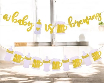 A Baby is Brewing Banner – Funny Baby Shower Garland with Beer Mugs & Bottles, Glitter Gold Baby Shower Decor for Dad or Co-Ed Party