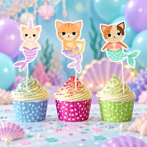 Mermaid Cat Cupcake Toppers for Under the Sea Birthday Parties