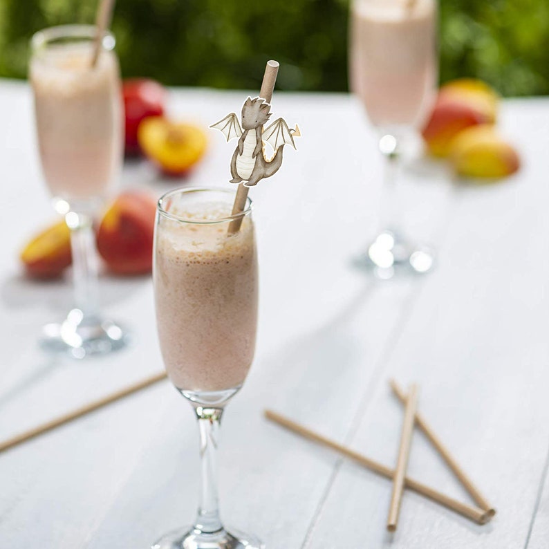May include: A light brown paper drinking straw featuring a small, illustrated beige dragon cutout attached to the upper portion. The straw is placed inside a tall glass filled with a light pink, frothy beverage, accompanied by other straws.