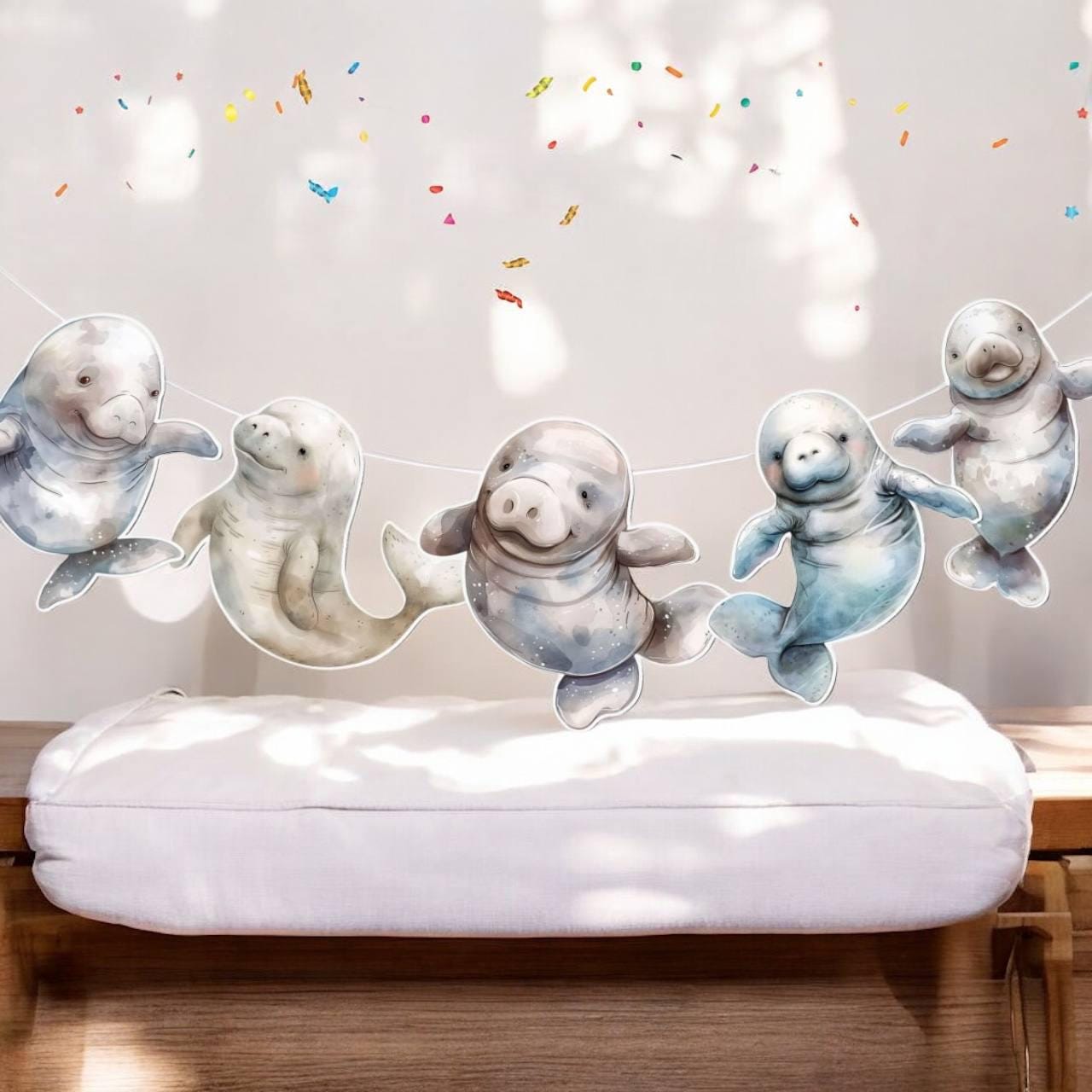 Manatee Cardstock Banner – 5 ft Garland with 5 Cute Sea Cow Cutouts – Baby Shower or Birthday Party Decoration for Ocean Theme
