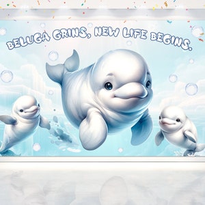 Beluga Grins, New Life Begins - Adorable Beluga Whale Backdrop 5x3 FT for Baby Shower