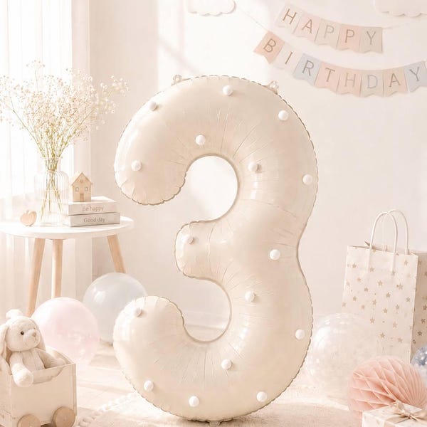 Beige Number Balloon with White Pom Poms, Neutral Birthday Balloon, First Birthday Decor, Baby Shower Party Decoration