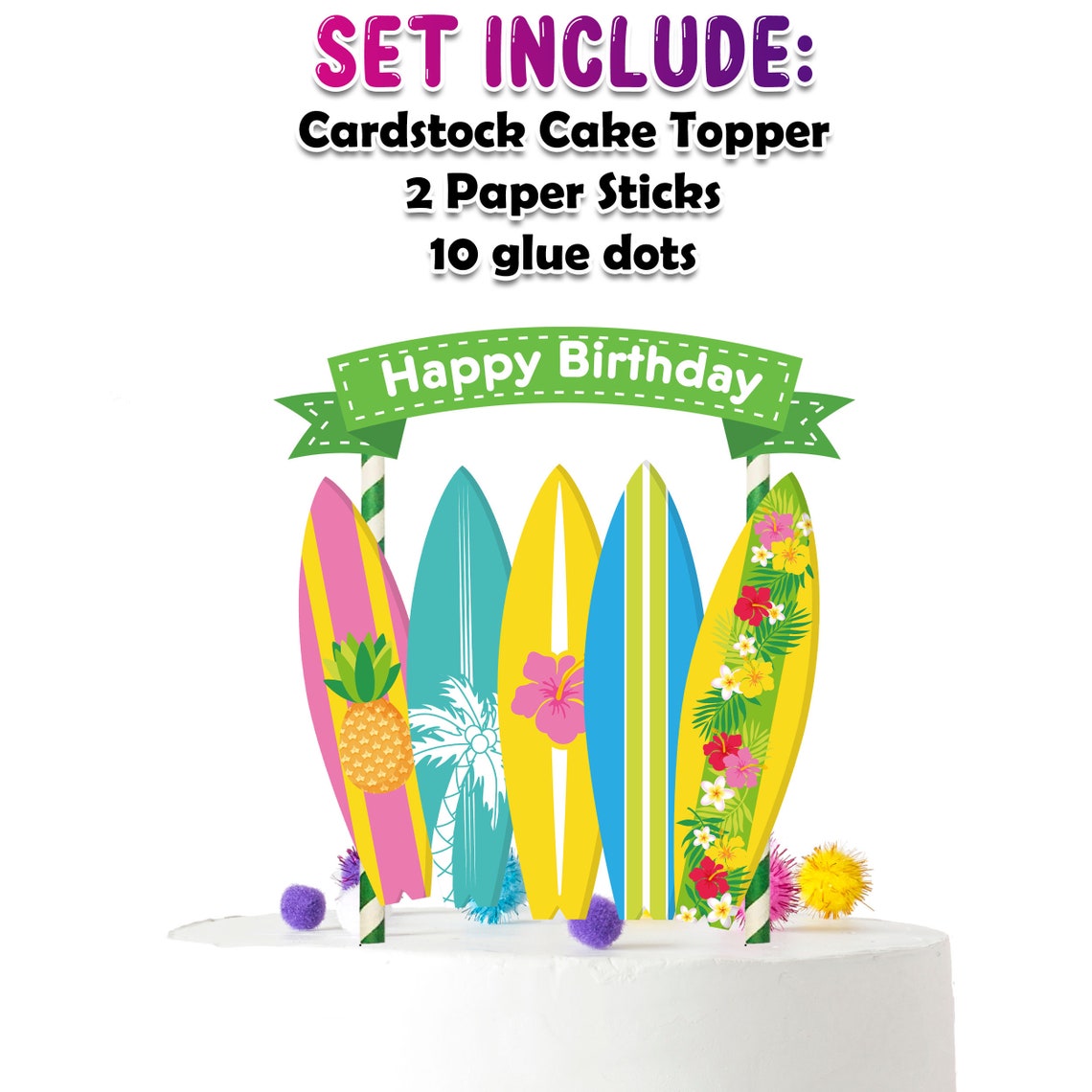 Colorful Surfboard Cake Topper Set - Tropical Beach Themed Birthday ...