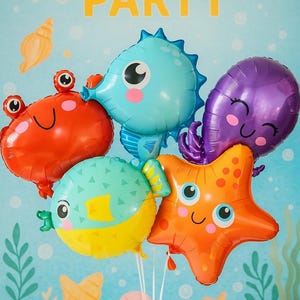 Sea Balloon Set - 5 Piece Marine Animal Foil Balloons for Ocean Themed Parties, Birthdays, and Decorations