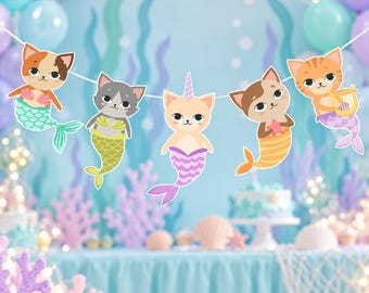 Mermaid Cat Birthday Banner, Mercat Garland, Under the Sea Party Decorations