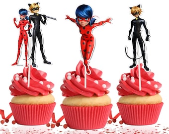 10 pcs Miraculous Ladybug Cupcake Toppers - Adorable Party Decorations for Miraculous-Themed Celebrations