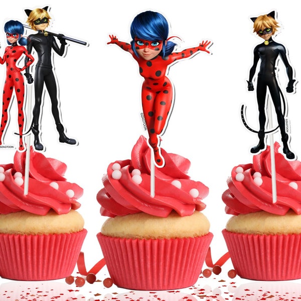 10 pcs Miraculous Ladybug Cupcake Toppers - Adorable Party Decorations for Miraculous-Themed Celebrations