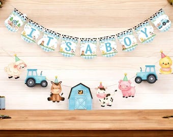 Farm Boy Baby Shower Banner – Blue "It's a Boy" Barnyard Theme Garland with Animals & Tractors