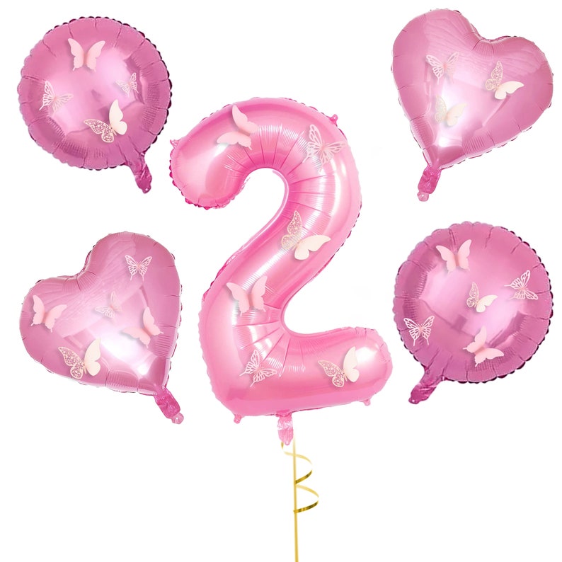 May include: Pink number two balloon with butterfly decorations, surrounded by three pink heart and round balloons with butterfly decorations.