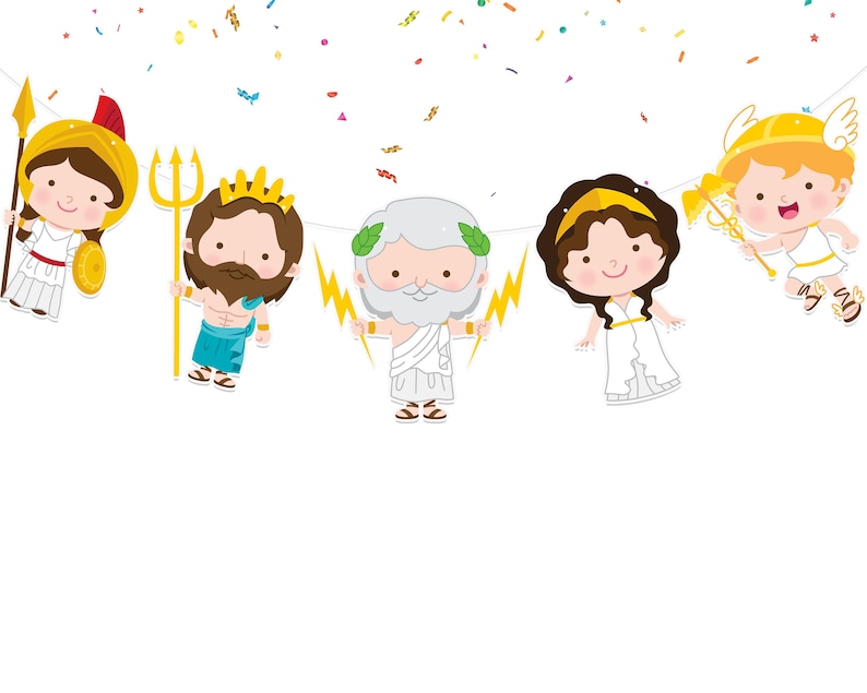 May include: A banner with five cartoon characters dressed as Greek gods and goddesses. The characters are a woman with a golden crown and a blue dress, a man with a golden crown and a blue dress, a man with a white beard and a white dress, a woman with a white dress and a golden belt, and a man with a golden crown and a white dress. The banner is decorated with yellow stars and confetti.