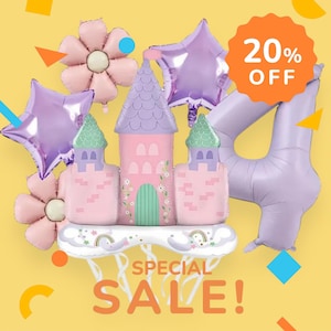 May include: A pink and purple castle balloon with a number 4 balloon, two star balloons, and two flower balloons. The balloons are arranged in a cluster and have a special sale sign that says "20% OFF".