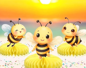 Bee Honeycomb Table Decorations – Set of 5 Cute Bee Centerpieces – 6 Inch Yellow Base Party Decor