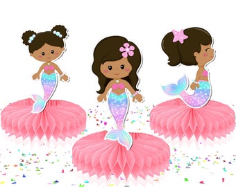 5 decorazioni a nido d'ape a tema sirena afro - decorazioni festive per la tavola per baby shower e feste di compleanno