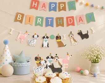 May include: A birthday party decoration set featuring a Happy Birthday banner with colorful pennants, a string of dog-shaped cutouts wearing party hats, and cupcake toppers depicting various dog breeds, all in pastel and muted tones.