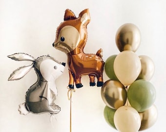 Woodland Creatures Balloon Set - Foil Balloons of Bunny and Deer with Elegant Metallic and Green Accents for Nature-Themed Parties