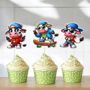 Hip Hop Cow Cupcake Toppers – 10 Cool Cow Characters for Party Decor | Funny Rapper Cow Picks | Urban Animal Birthday Cake Decoration