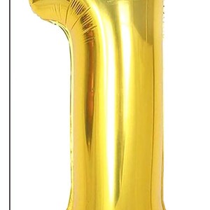 Op de afbeelding: Gouden folie ballon in de vorm van het cijfer 1. De ballon is 40 inch groot wanneer hij plat is en 34 inch wanneer hij is opgeblazen.