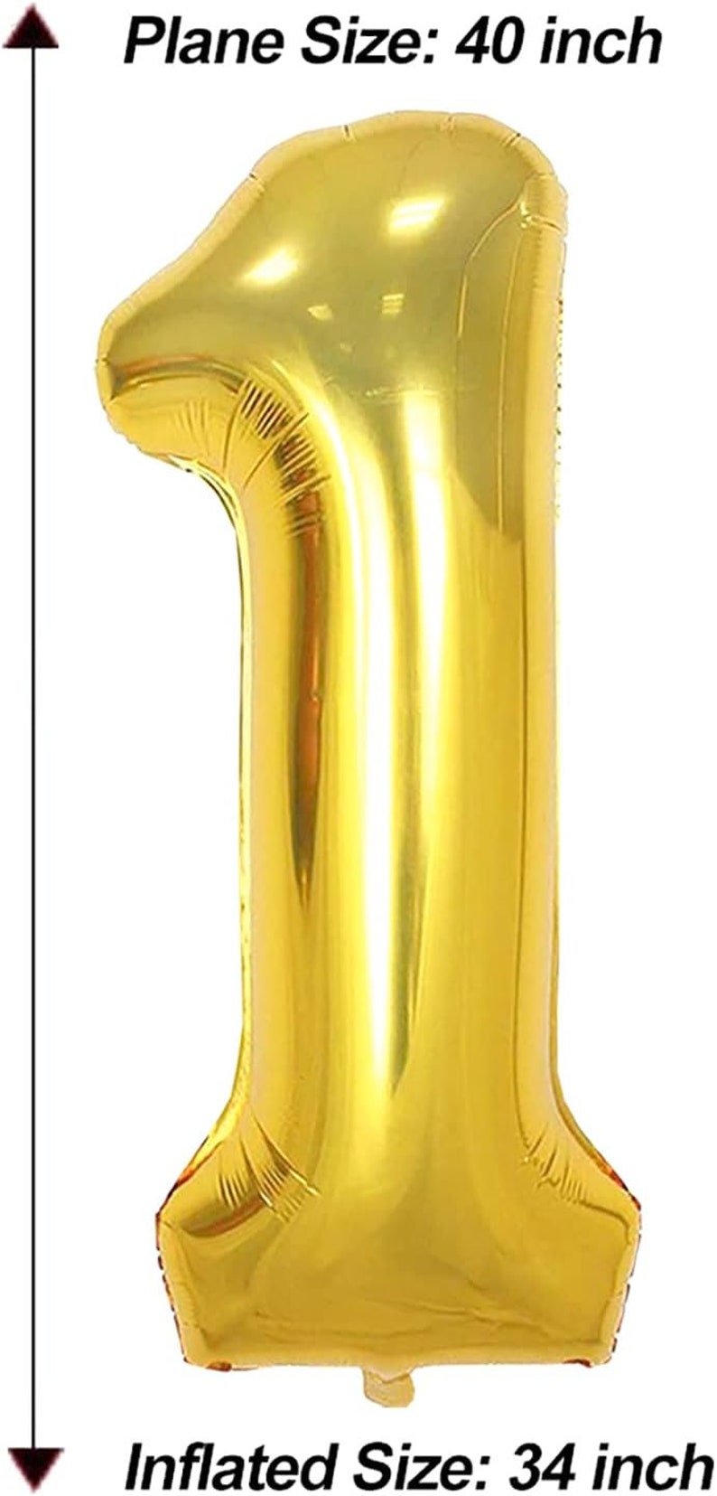 Op de afbeelding: Gouden folie ballon in de vorm van het cijfer 1. De ballon is 40 inch groot wanneer hij plat is en 34 inch wanneer hij is opgeblazen.