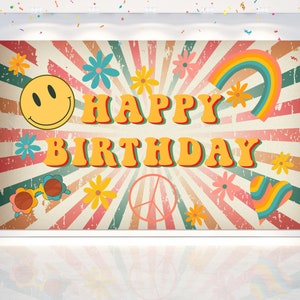 5x3FT Groovy Backdrop for Birthday Party Decoration. Retro Floral Background for Birthday. Boho Flowers Theme Photo Banner .