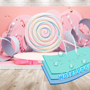 May include: A pink and blue swirl lollipop with a pink background. The background also features pink and blue ribbons, candy canes, and confetti. The image is layered with a blue and green waterproof material.