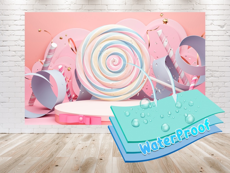 May include: A pink and blue swirl lollipop with a pink background. The background also features pink and blue ribbons, candy canes, and confetti. The image is layered with a blue and green waterproof material.