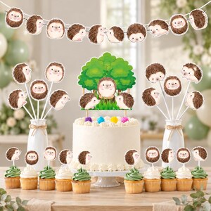 Hedgehog Party Decorations, Woodland Animal Banner Cake and Cupcake Toppers with Centerpiece Picks for Baby Shower