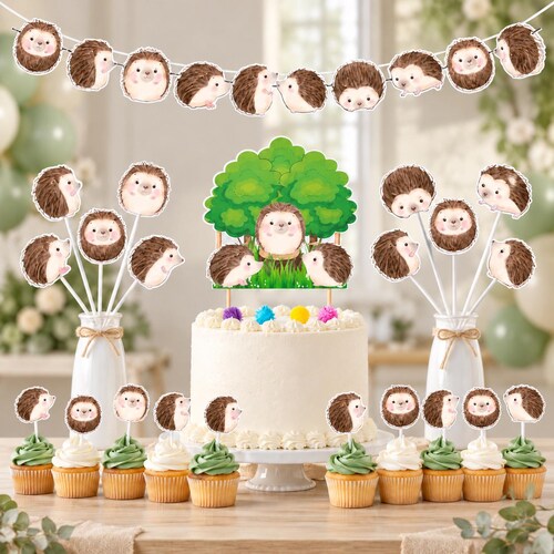 Decoraciones para fiestas temáticas de erizos, pancarta de animales del bosque, adornos para pasteles y cupcakes con palillos para centros de mesa para baby shower.
