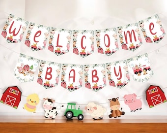 Farm Animals Baby Shower Banner – "Welcome Baby" Barnyard Theme Party Garland with Cute Tractor, Pig, Cow, and Barn Decorations