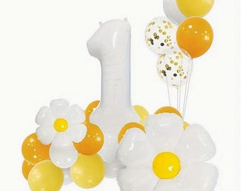 Sunny Daisy and Balloon Set - Birthday Party Decorations, Yellow and White Theme
