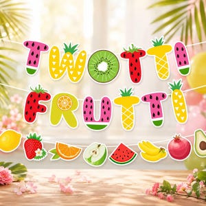 May include: A decorative banner featuring the text TWOTTI FRUTTI in colorful fruit-themed letters, including watermelon, pineapple, kiwi, and strawberry patterns, suspended above a row of individual fruit illustrations like lemon, orange, and banana.