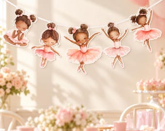 May include: A decorative banner featuring five illustrations of young ballerinas with dark skin and brown hair, each wearing a pink tutu and ballet slippers, suspended on a white string against a soft, light-colored background.