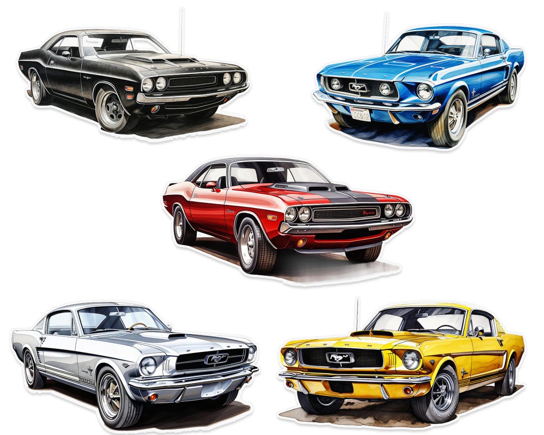 Muscle Car Wall Stickers – Vintage Mustang & Challenger Decal Set 5 ...