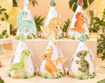 Dinosaur Birthday Party Hats, Watercolor Dino Cone Hats for Kids Birthday Celebration