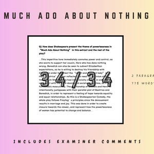 May include: A document with the title "MUCH ADO ABOUT NOTHING" features an essay question and answer. The text includes examiner comments, 2 paragraphs, and 778 words. The document is set against a gradient background.