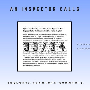 May include: A blue and white graphic with the title "AN INSPECTOR CALLS" at the top. The image includes text from the play, with the question, "How does Priestley present the theme of power in 'An Inspector Calls' in this extract and the rest of the play?"