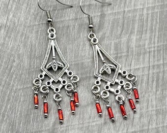 Handmade Silver Tone Filigree Earrings | Red Glass Bead Dangle