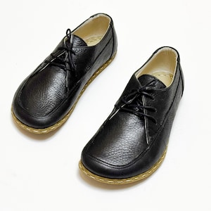 Aardingsschoenen heren, aardingsschoenen heren, brede neus, oxford-sneakers, volledig leren schoenen, koperen klinknagels | Zwart