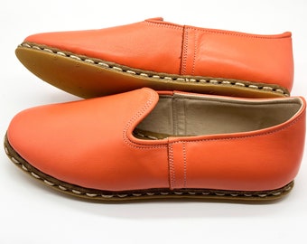 Handmade Shoes Women,Leatherful Orange Minimalistic Women Loafer,Leather Sole, Barefoot Shoes  | mom gift