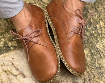 Mens Oxford Shoes,Grounding Shoes,Leatherful Shoes, Crazy Brown Leather Wide Toe Box Barefoot Shoes, Zero Drop, Minimalist Shoes,Earthing