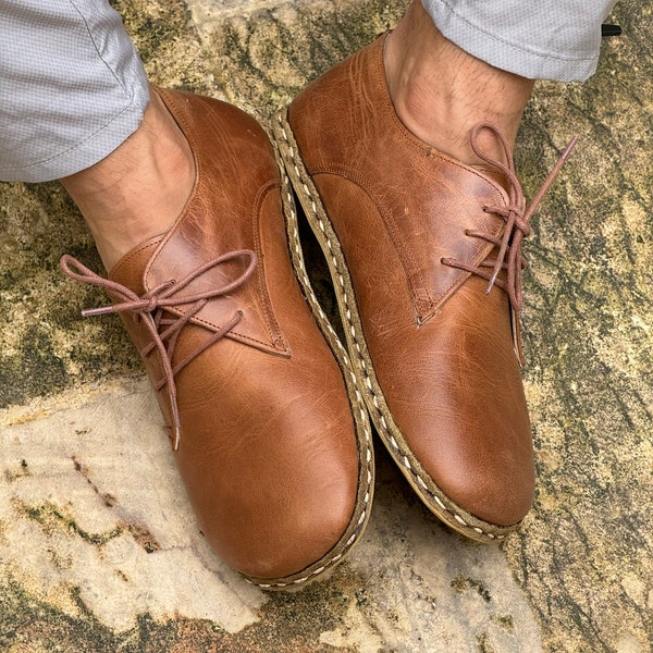 Mens Oxford Shoes,Grounding Shoes,Leatherful Shoes, Crazy Brown Leather Wide Toe Box Barefoot Shoes, Zero Drop, Minimalist Shoes,Earthing