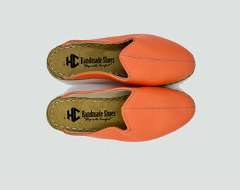 Leatherful Slipper,Womens Orange Color Leather Slippers, Flat Slippers, Winter Slip-Ons, Handmade Slippers, Thin Sole