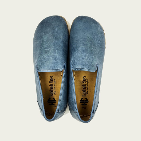 Chaussures pieds nus pour hommes, chaussures de mise à la terre à bout large, chaussures en cuir minimalistes faites main bleues, chaussures plus larges pour hommes entièrement naturelles, chaussures faites main