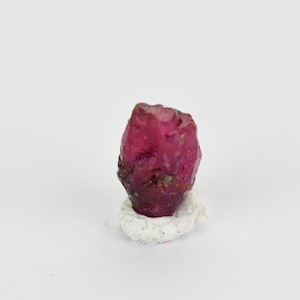 May include: A deep red ruby gemstone with a rough, faceted surface. The ruby is mounted on a small white platform.