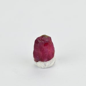 May include: A deep red ruby crystal with a rough, faceted surface. The crystal is mounted on a white cotton pad.