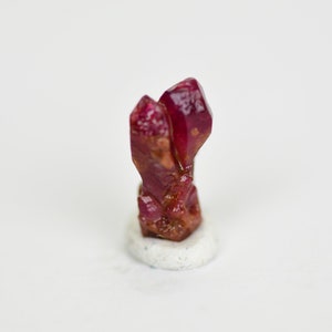 May include: A cluster of deep red ruby crystals on a white base. The crystals are sharp and have a glassy luster.