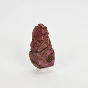 May include: A deep pink, rough-cut ruby crystal with a pointed tip. The crystal is on a white display stand.